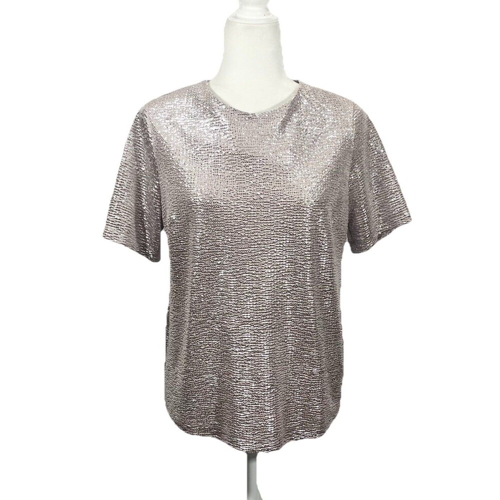 Monteau Rose Pink Shimmer Blouse Size Large Metallic S/S Sparkle Blouse